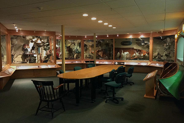 Dickert Wildlife Collection primary exhibit area with large center table
