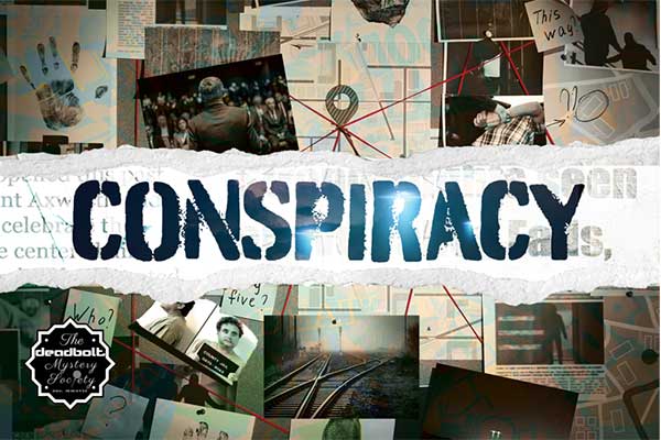 Conspiracy game cover with pictures posted in a wall connected with red string