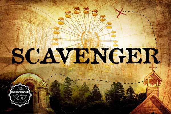 Scavenger game cover with a crypt, pine trees and church in the foreground with a map and ferris wheel in the background